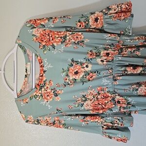 Reb & J | Sage Green & Peach Floral Bell Sleeve Midi Dress Size Large